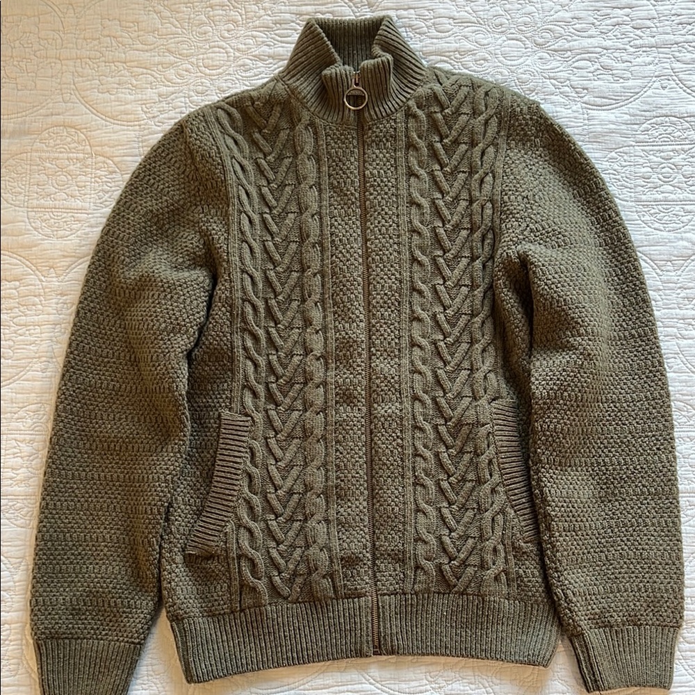 Barbour Men's Olive Cable Knit Full-Zip Sweater, Size Medium